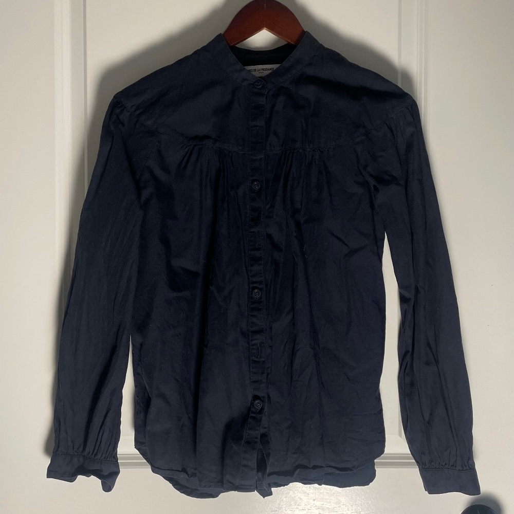 Ines de la Fressange blouse — yoked detail — navy — button front, button cuffs